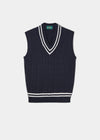 Men's cable knit cricket slipover in dark navy with an ecru trim