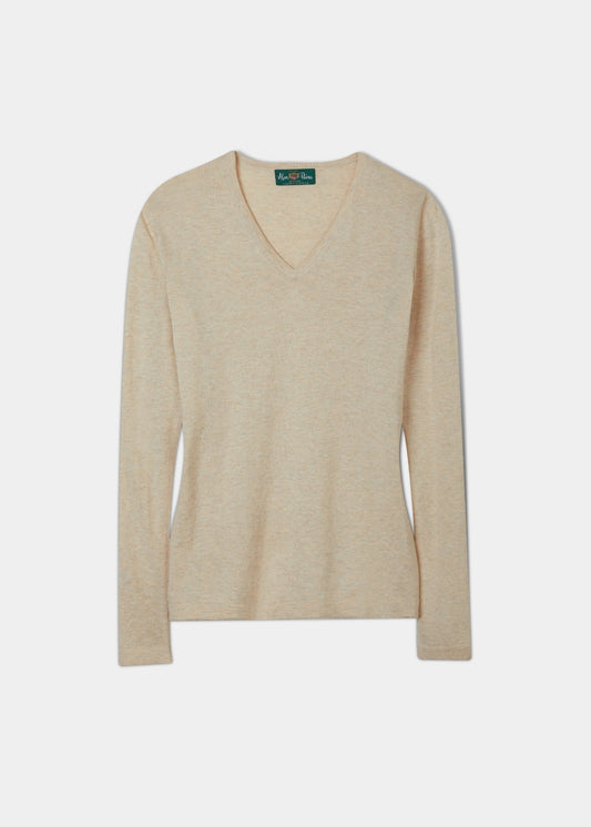 Ladies cotton cashmere jumper in blue steel with a vee neck