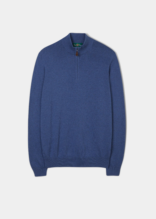 Alan Paine cotton cashmere quarter zip jumper in indigo