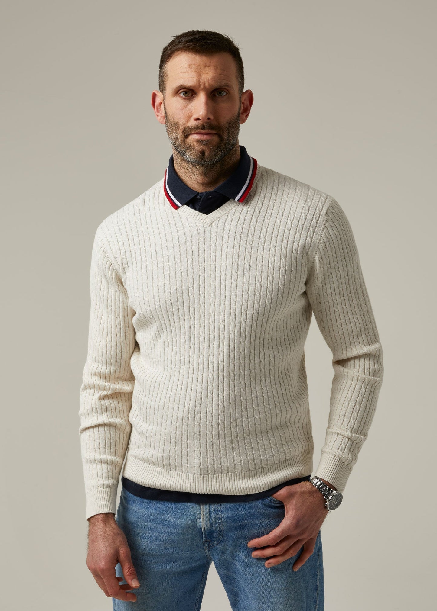 Elmstone Cable Vee Neck Jumper in Blonde & Dark Navy