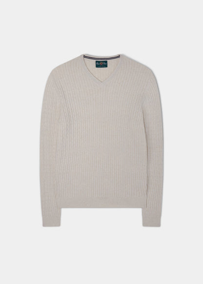 Elmstone Cable Vee Neck Jumper in Blonde & Dark Navy