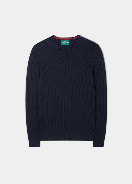 Elmstone Cable Vee Neck Jumper in Dark Navy & Rosso