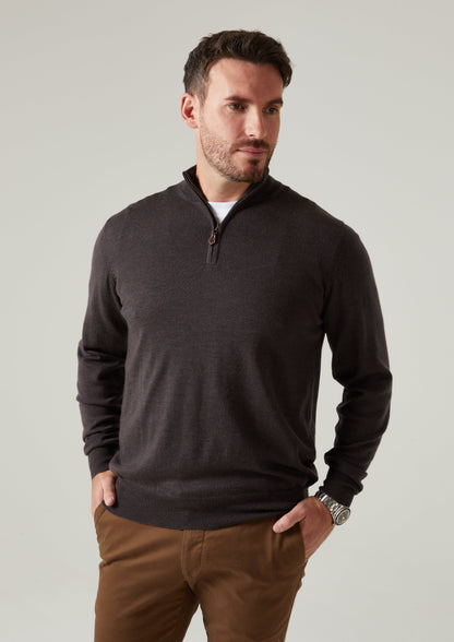 Barton Merino Wool 1/4 Zip Mock Jumper in Dark Brown