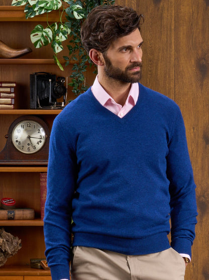 Geelong Wool Vee Neck Jumper in Pacific