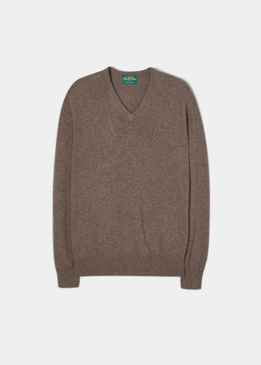 Men's Geelong Lambswool Vee Neck Jumper in Mahogany - Regular Fit