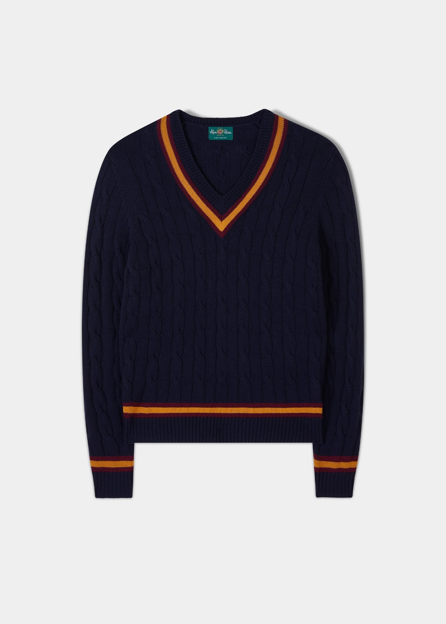 Grafton Men's Merino Wool Cable Cricket Jumper In  Dark Navy & Gold - Regular Fit