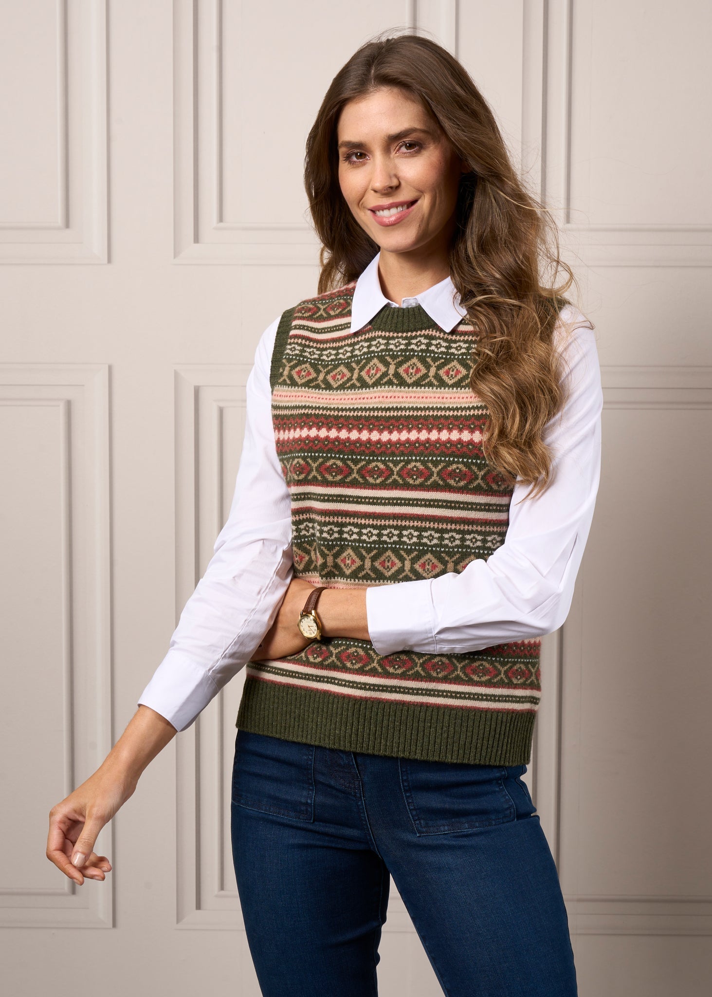 Amelia Ladies Fair Isle Sleeveless Crew Neck Jumper In Thyme