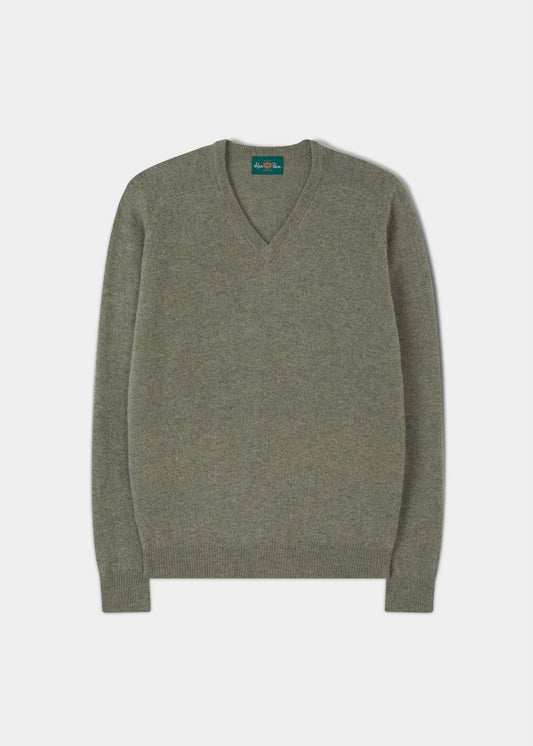 Men's Lambswool Vee Neck Jumper in Light Green - Regular Fit