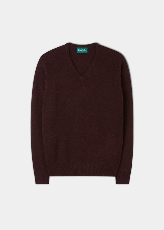 Men's Lambswool Vee Neck Jumper in Raisin - Regular Fit