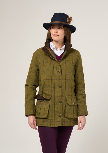 Rutland Ladies Tweed Waterproof Shooting Coat In Lichen