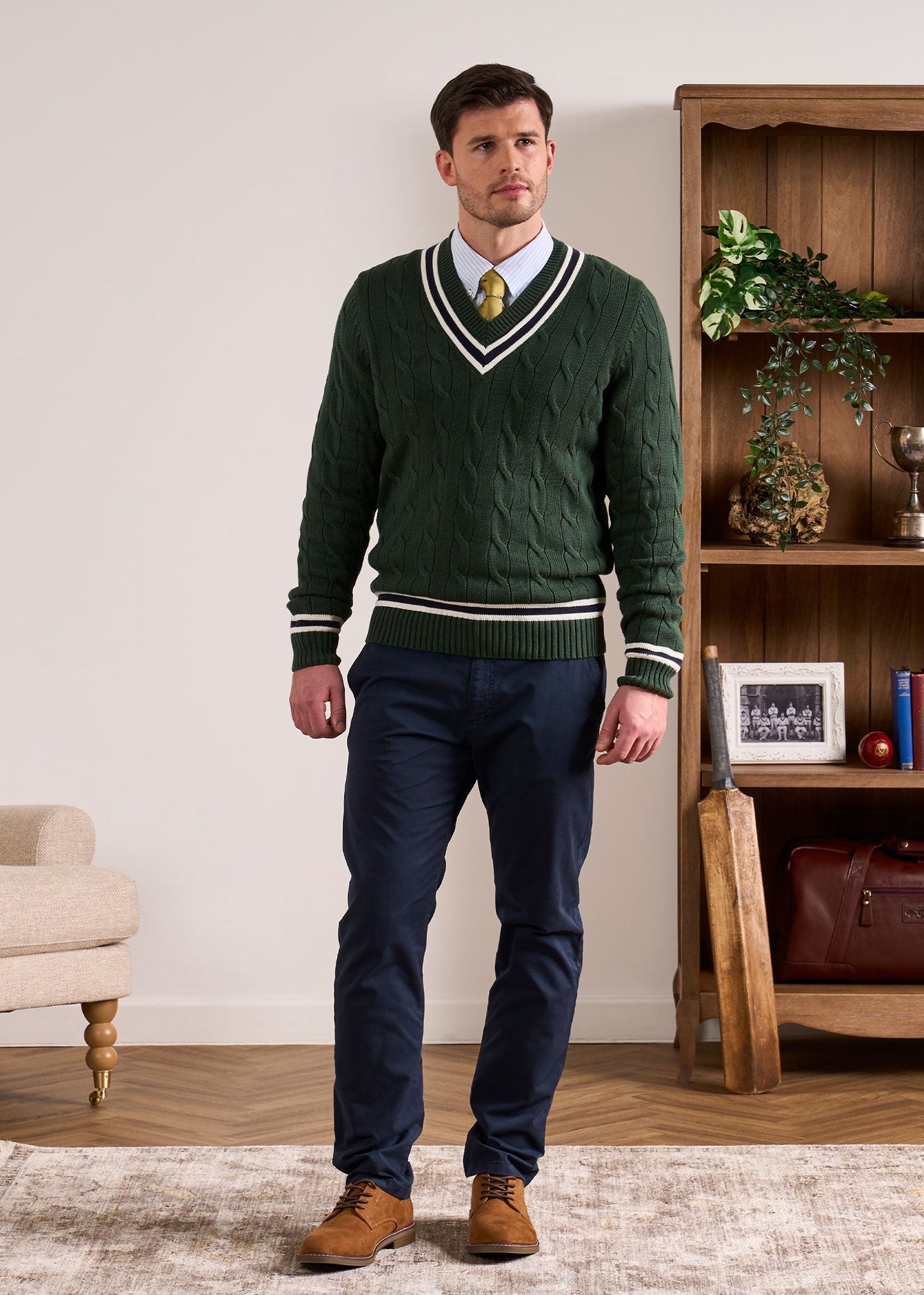 Sandridge Cable Knit Cricket Jumper In AP Green & Dark Navy