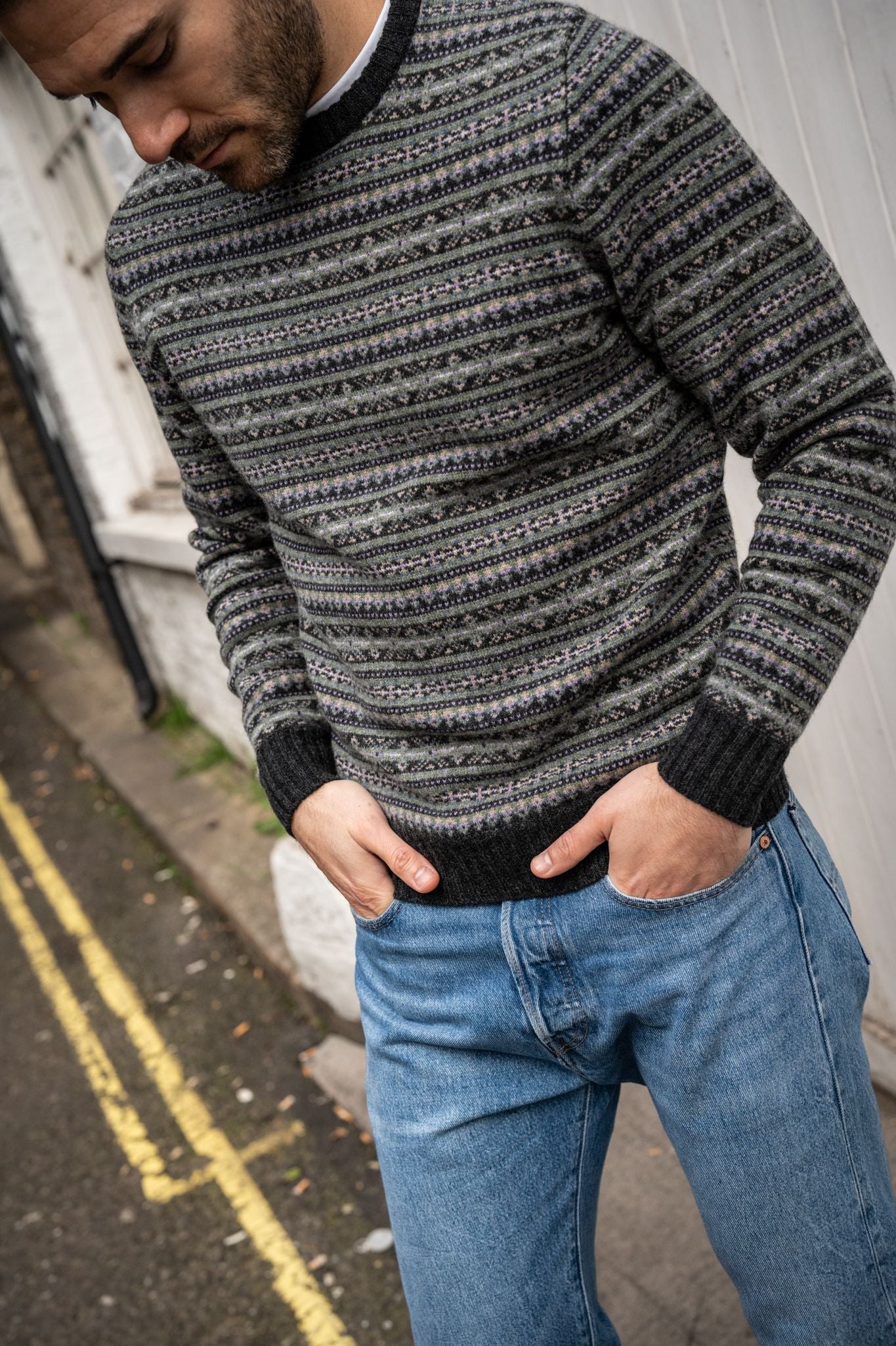 Towthorpe Men's Lambswool Fairisle Oxford Blue Jumper