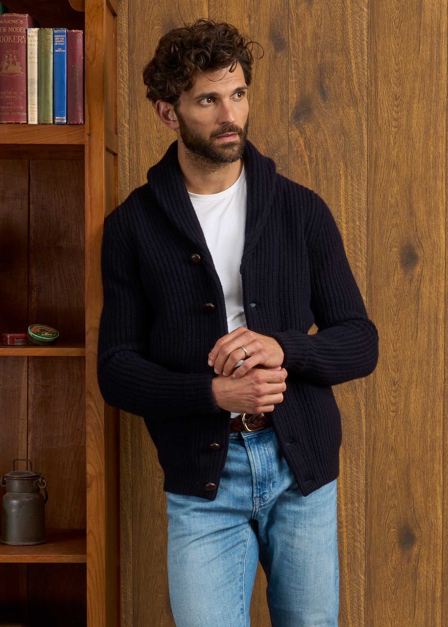 Usworth Men's Shawl Collar Lambswool Jumper In Navy