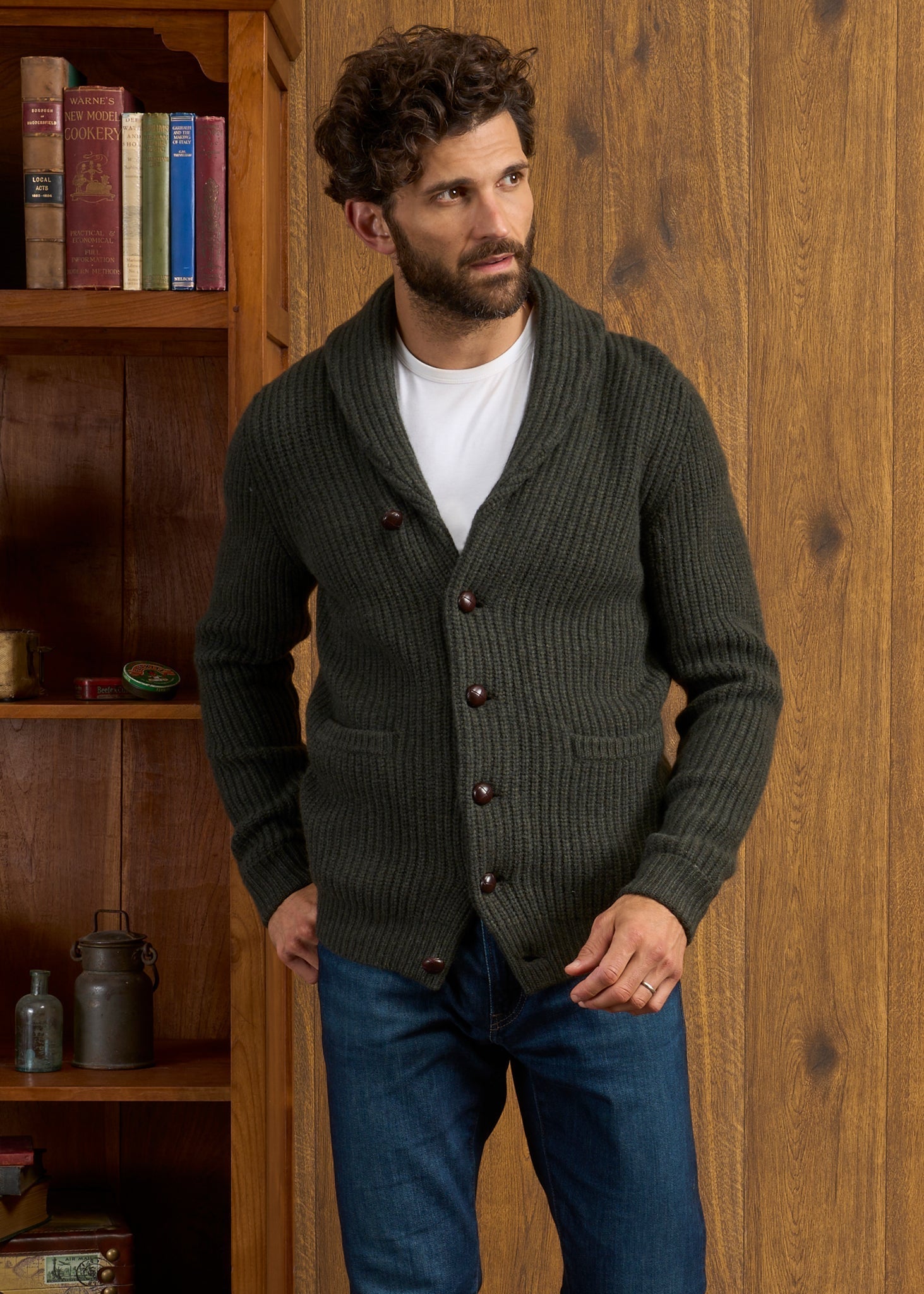 Usworth Men's Shawl Collar Lambswool Jumper In Seaweed 