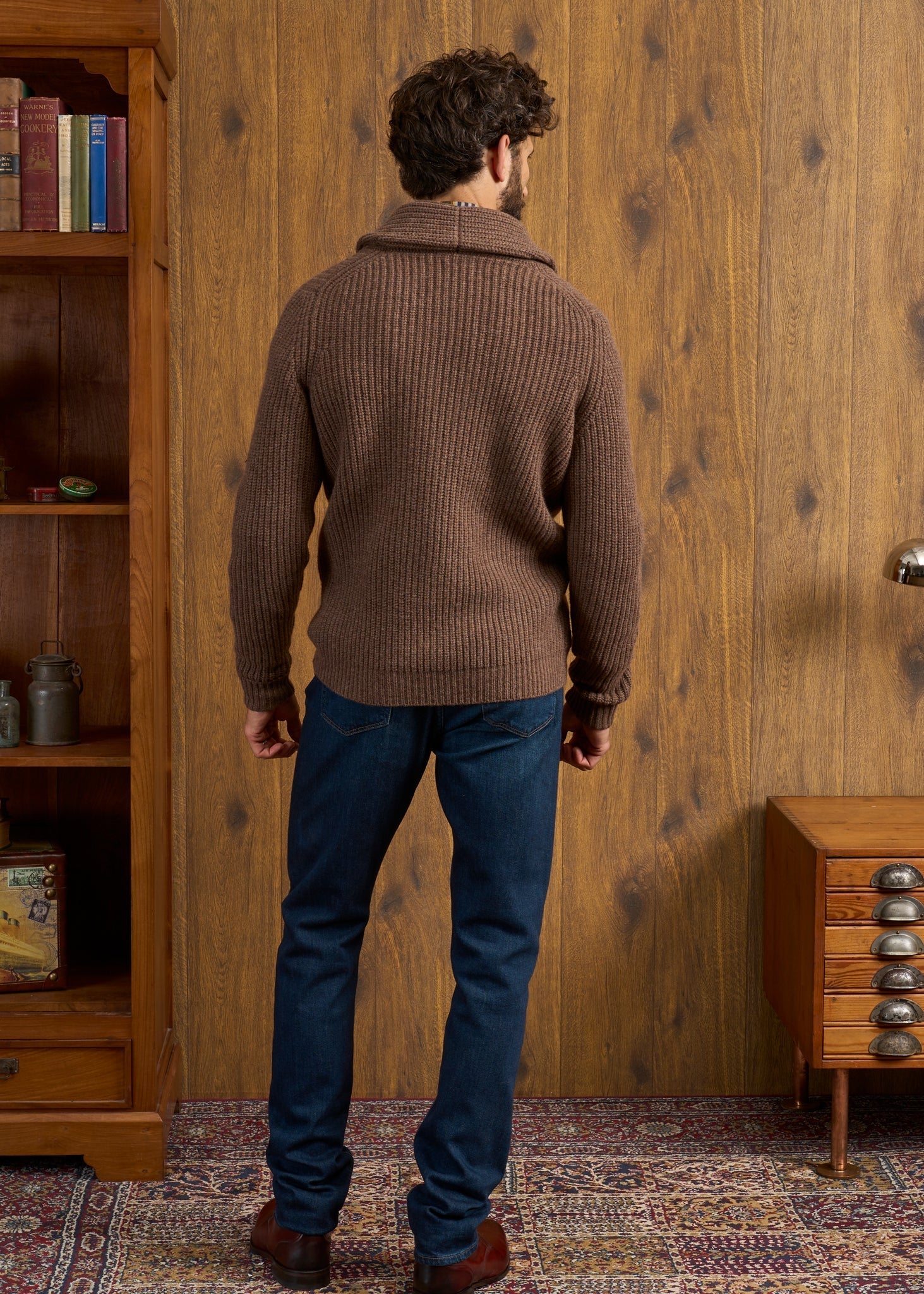 Usworth Men's Shawl Collar Lambswool Jumper In Tobacco