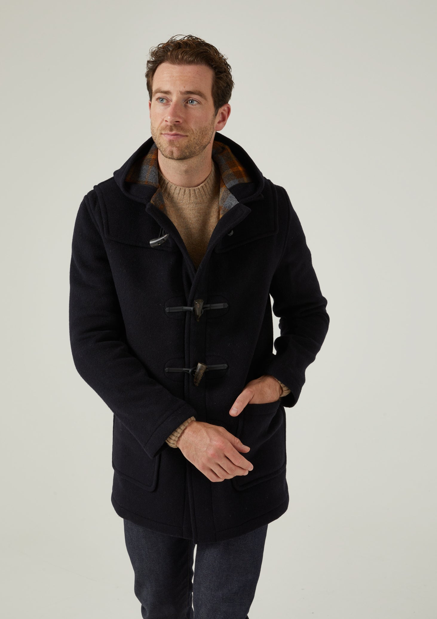 Alcombey Check Back Duffle Coat In Navy.