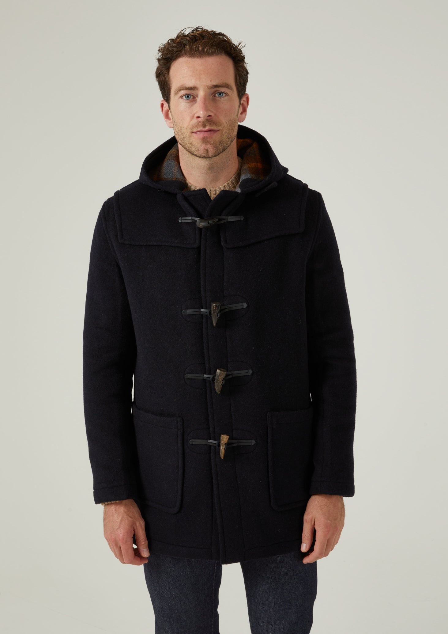 Alcombey Check Back Duffle Coat In Navy.