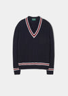 Men's Merino Wool Cable Cricket Jumpe in Dark Navy With Ecru And Bordeaux Trim