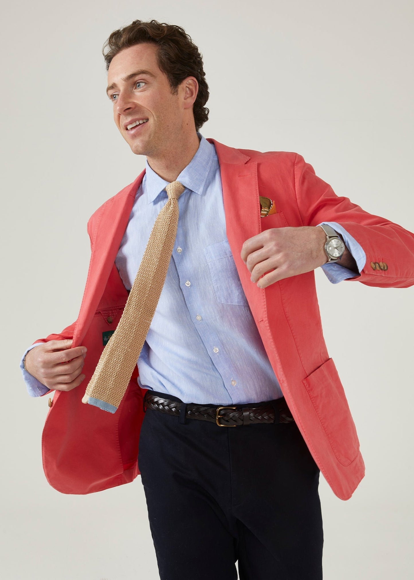 Flamingo pink men's blazer with 2 button fastening.