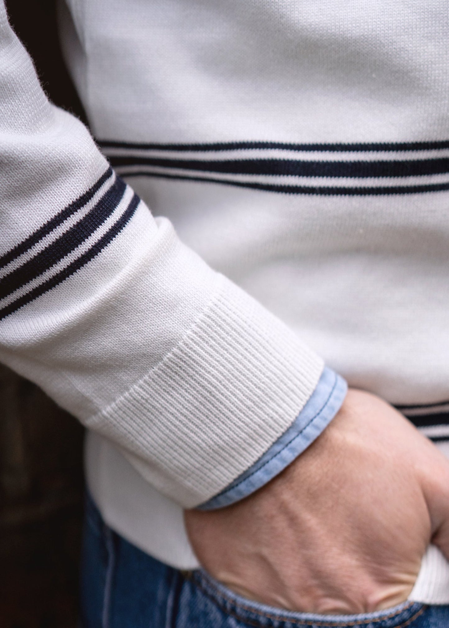 mock neck cotton jumper in ecru with dark navy stripes.