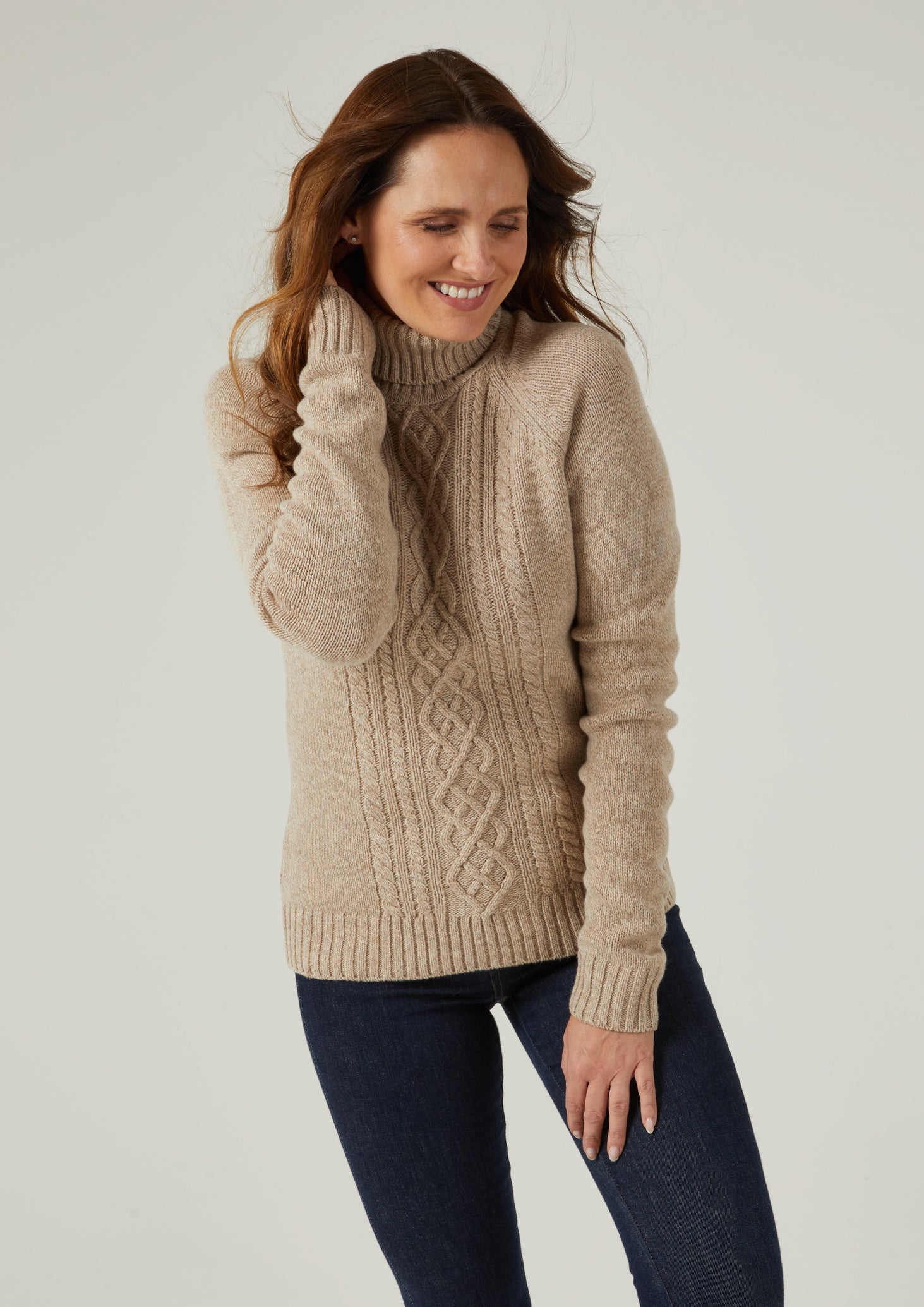 Brightmere Ladies Roll Neck Jumper In Biscuit