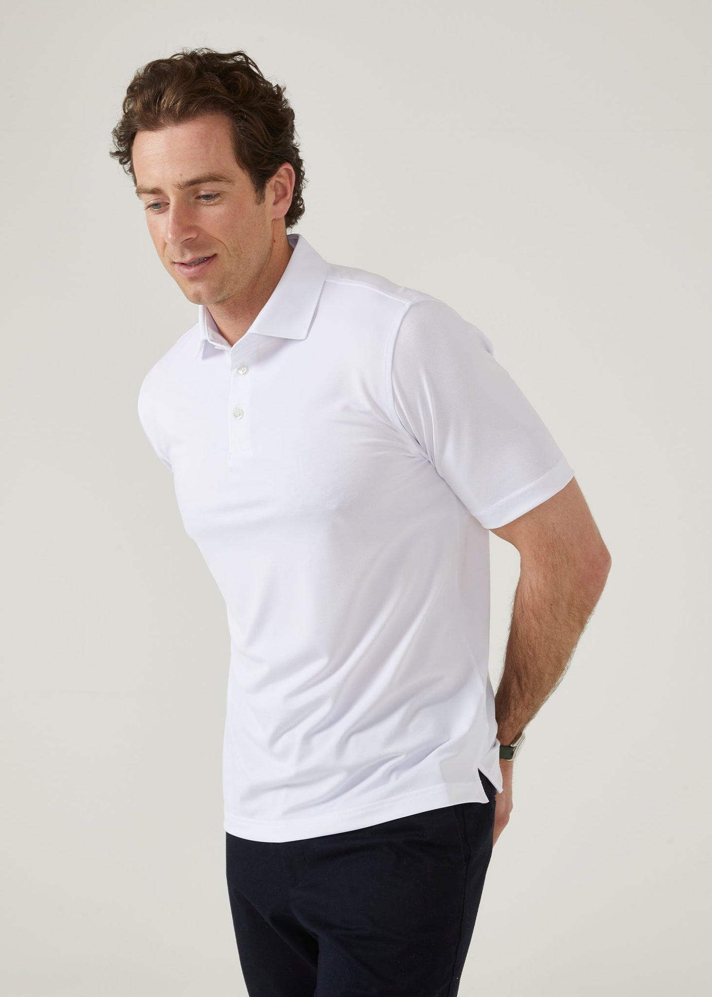 Men's 3 button polo shirt in white.