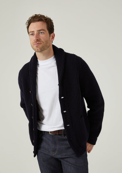 Usworth Men's Shawl Collar Lambswool Jumper In Navy