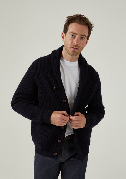 Usworth Men's Shawl Collar Lambswool Jumper In Navy