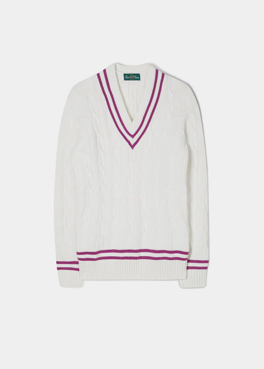 Ladies Vee Neck Cable Knit Cricket Jumper In Ecru and Orchid